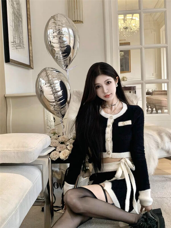 【MS STUDIO】Temperament Short Contrast Color Knit Cardigan + Arm Skirt Suit 09497# PCZ