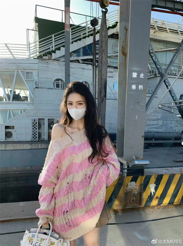【MS STUDIO】Lazy Wind Cutout Loose Striped Thermal Sweater 9490# PCZ