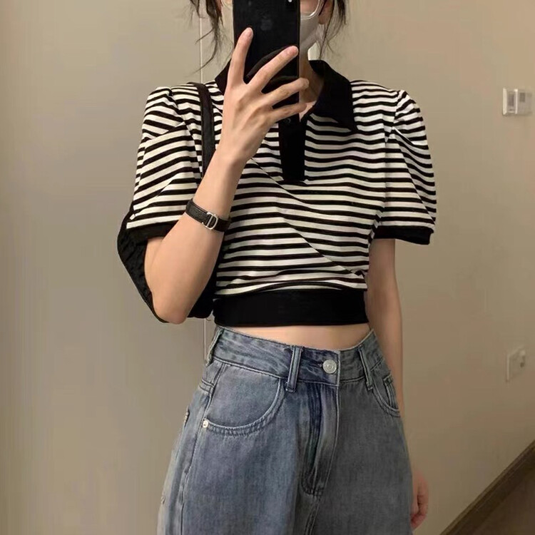 [Blue Show] Niche Design Contrast Color Horizontal Stripe Tape Short Sleeve T-Shirt 1068# LSW