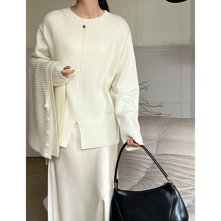 【THE MIND】Korean version winter wool round neck fashion all-match sweater with front slit (with shawl) 71390# JHY