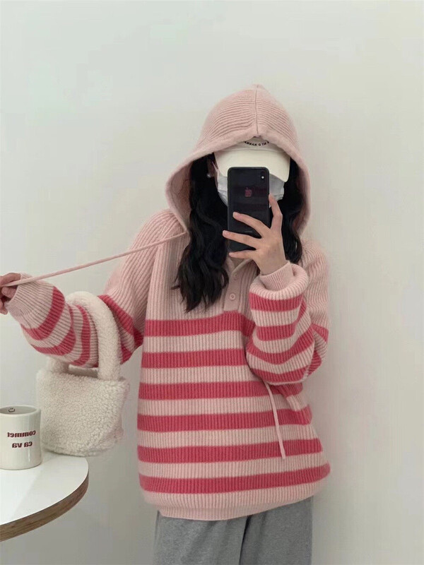 New in autumn! [Blue Show] Contrast stripe casual raglan hooded sweater 7800# LSW