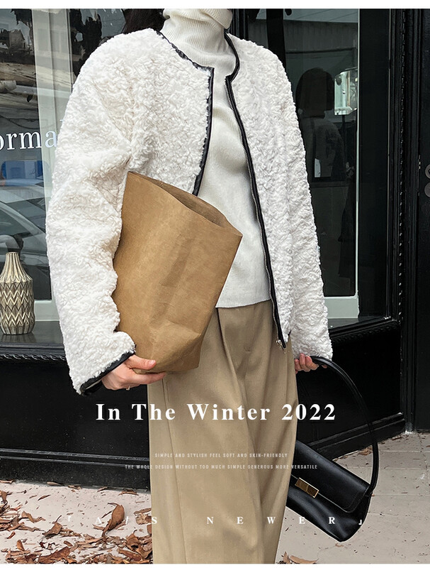 [THE MIND] Round neck contrast color fashion all-match wool coat 61273