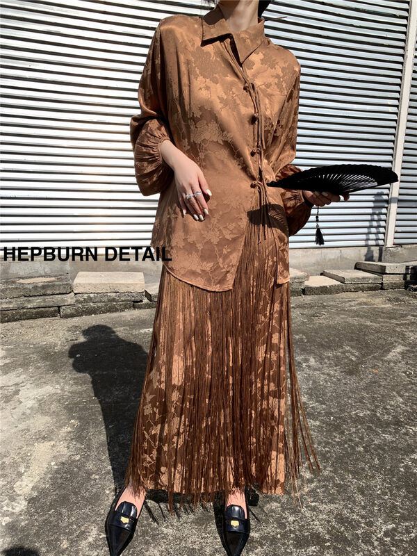 New in early autumn! [HEPBURN Hepburn] National style jacquard fringed skirt 5020# FF