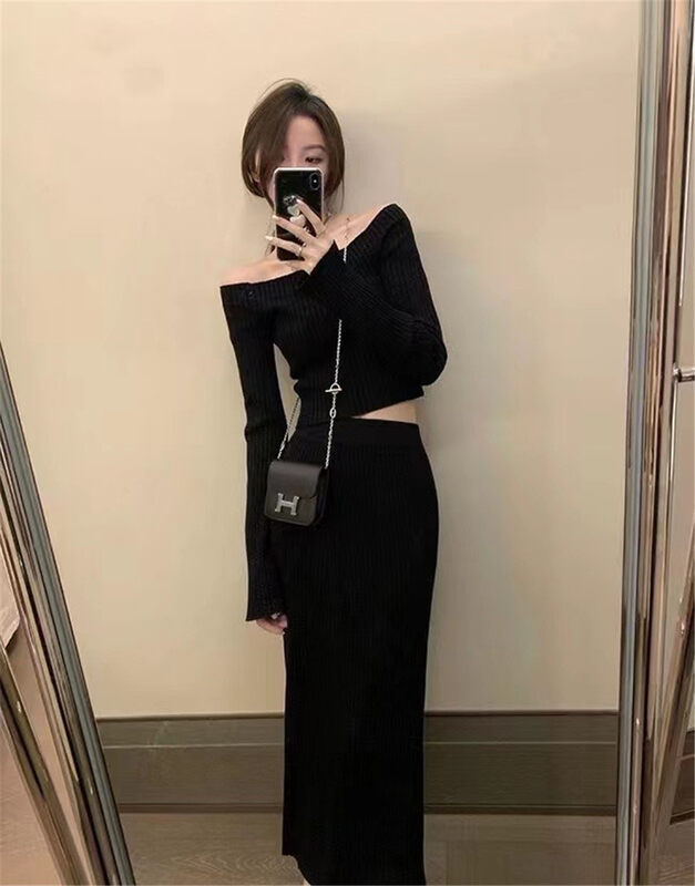 【MS STUDIO】Simple Slim Short Knit Sweater + Straight Mid-Length Skirt Suit 9507# PCZ