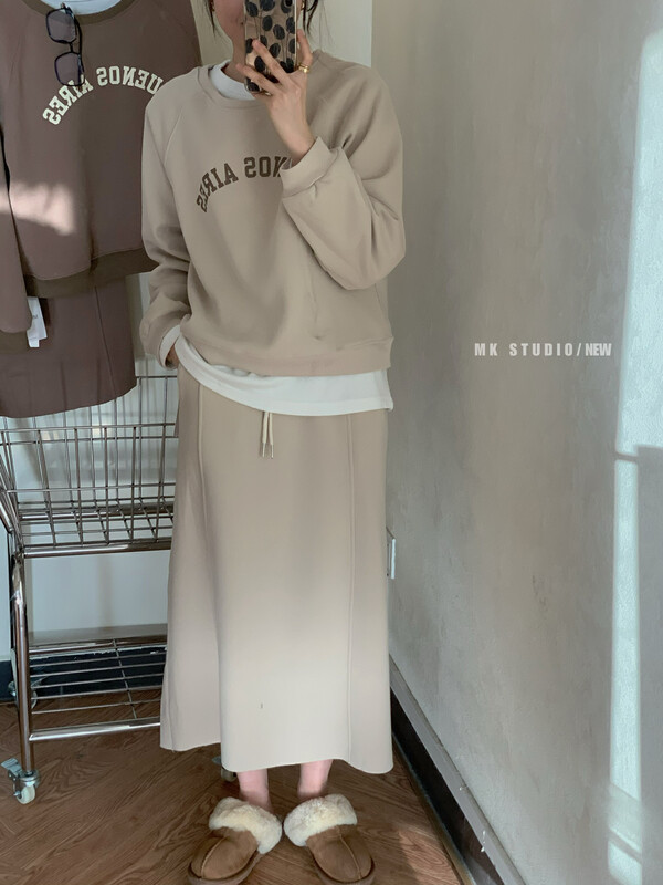 [MK] Letter Print Sweater Plus Velvet + High Waist Slim Skirt Suit YS1-3665# HJY