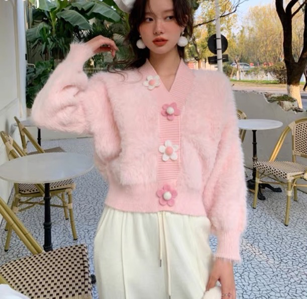 【F·P】Net Red Flower Pink Imitation Mink Fleece Design Warm Sweater (with Flower Buckle) GJ17FP# HBX