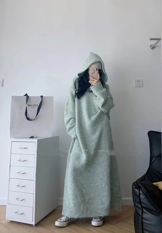 New in autumn!【MINI NI】Lazy hooded long knitted dress 9125# PCZ