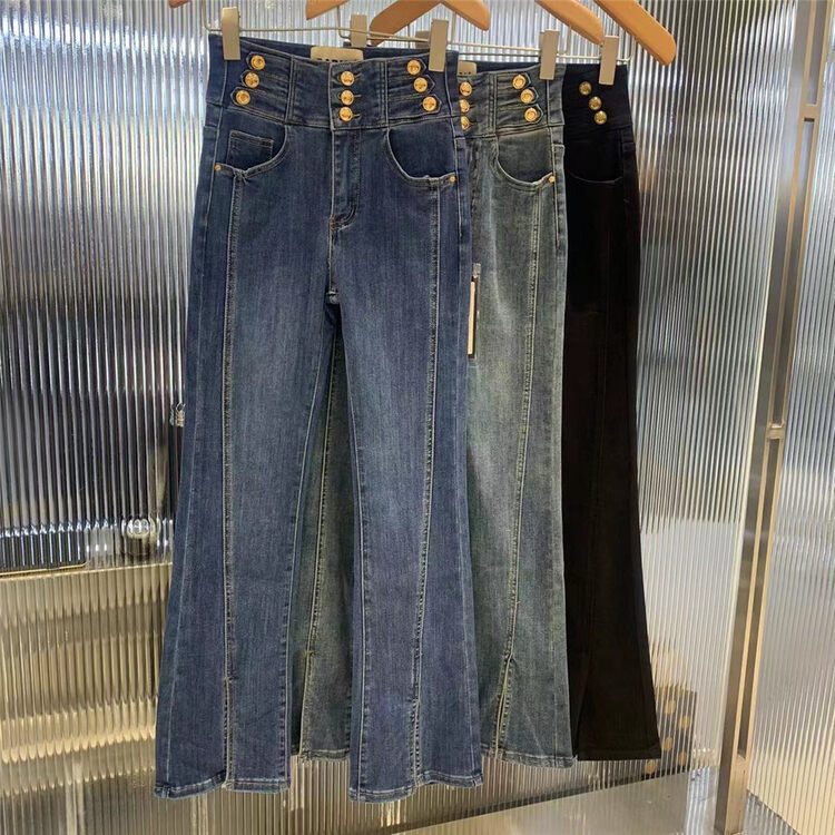 【JEANS】Fleece Waist Heavy Craft Micro-Flare Jeans R228# LSW