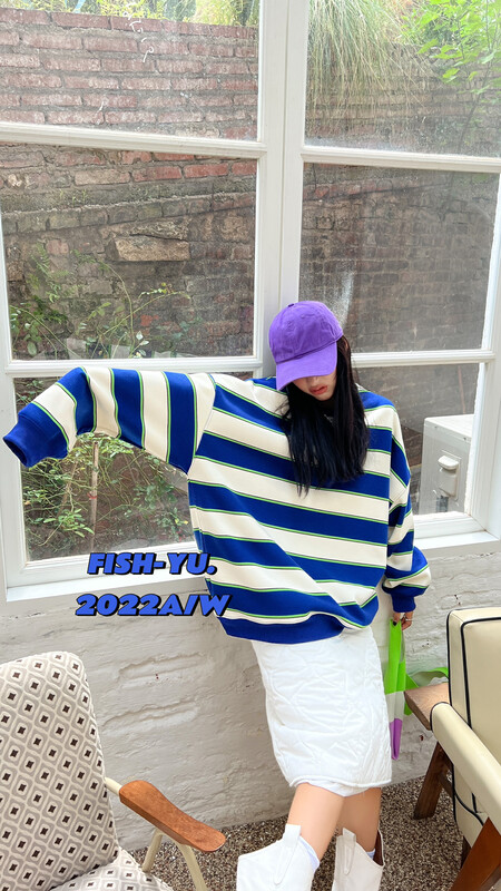 [FISH YU] Explosive striped textured sweater material composite thin velvet bottom material long Korean version sweater 22661