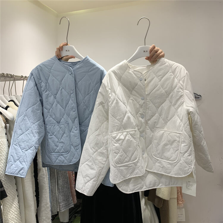 【MS STUDIO】Casual Round Neck Rhombus Double Pocket Solid Color Warm Cotton Jacket 98747# PCZ