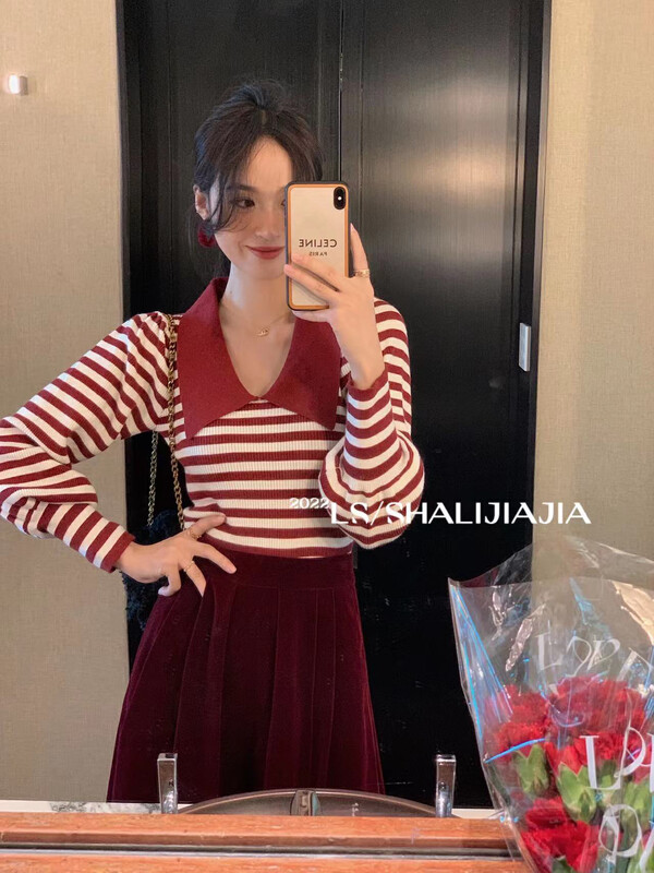 【LS】French stripe contrast color stitching sweater M2016# JHY