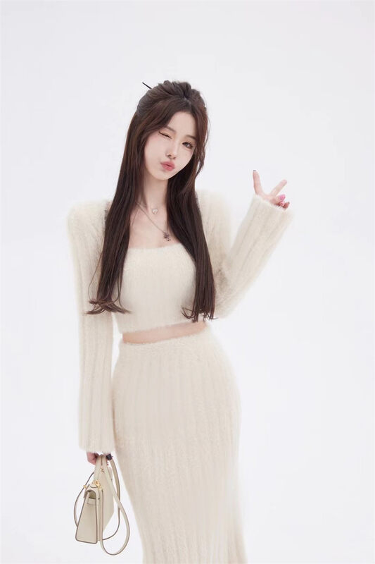 【MS STUDIO】Gentle square neck tie sweater + high waist long skirt suit 9447-2# PCZ