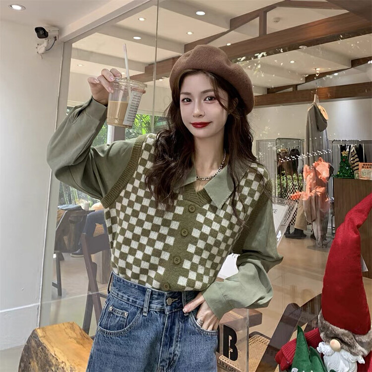 [F·P] Chic Polo Collar Shirt Stitching Checkerboard Fake Two-Piece Knit Sweater 3575# HBX