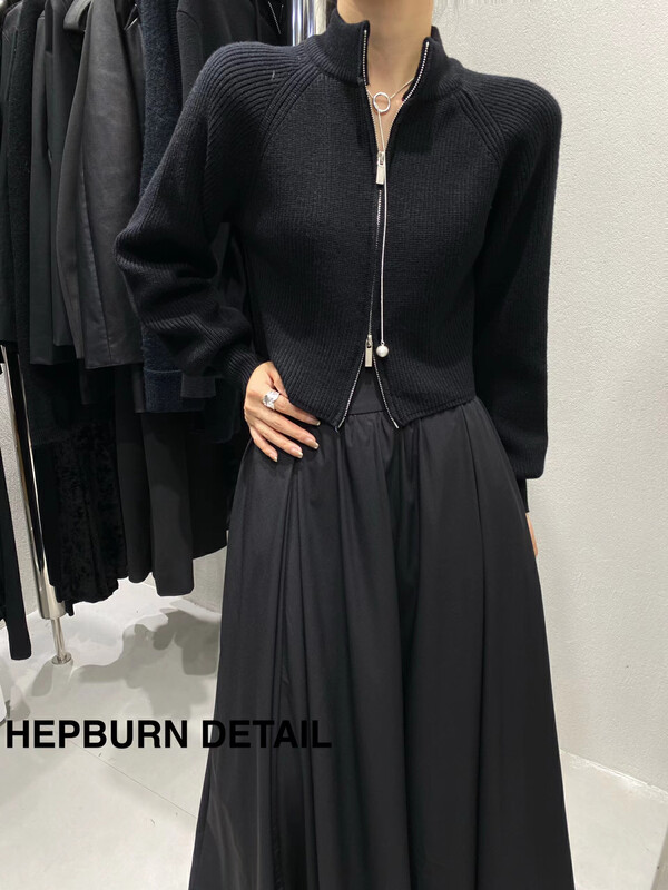 【HEPBURN Hepburn】Stand Collar Zipper Short Long Sleeve Knit Cardigan (Slim Fit and Thin) A33# FHX
