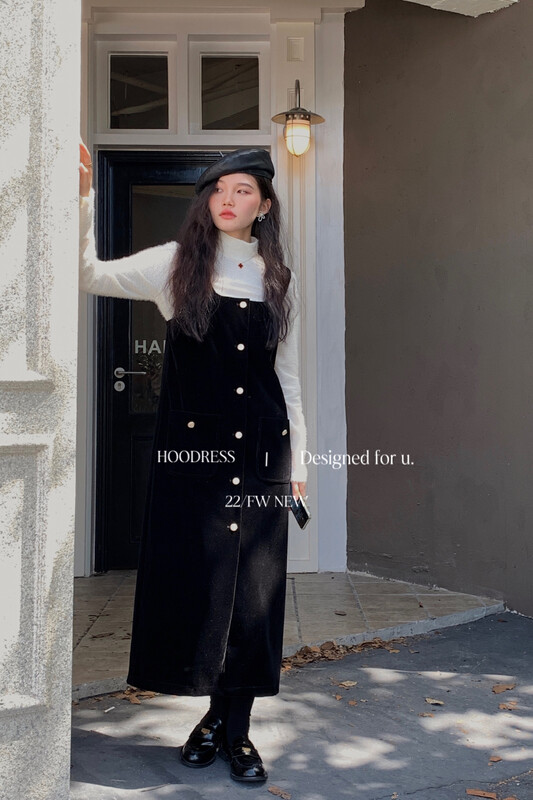 【Fire HOODRESS】Korean style temperament single-breasted velvet dress 22490# JHY