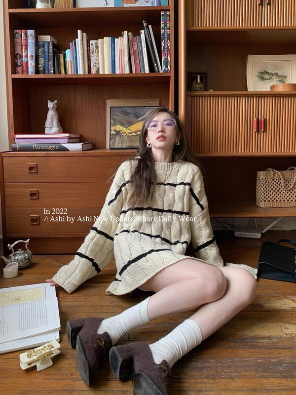 【MS STUDIO】Striped Long Sleeve Loose Warm Sweater 90319# PCZ
