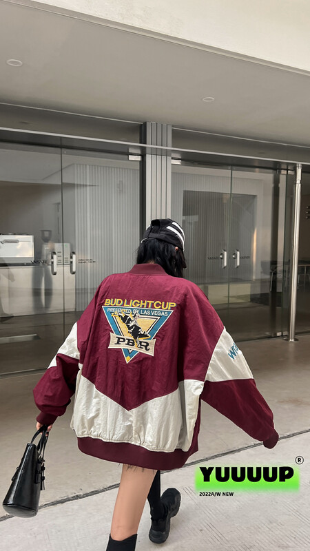 【FISH YU】American retro high-density front and rear embroidered contrast color stitching windbreaker short coat 622589# CQW