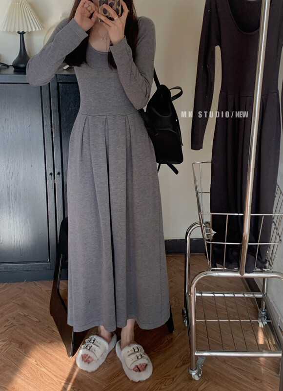 【MK】Simple solid color waist dress d171# HJY