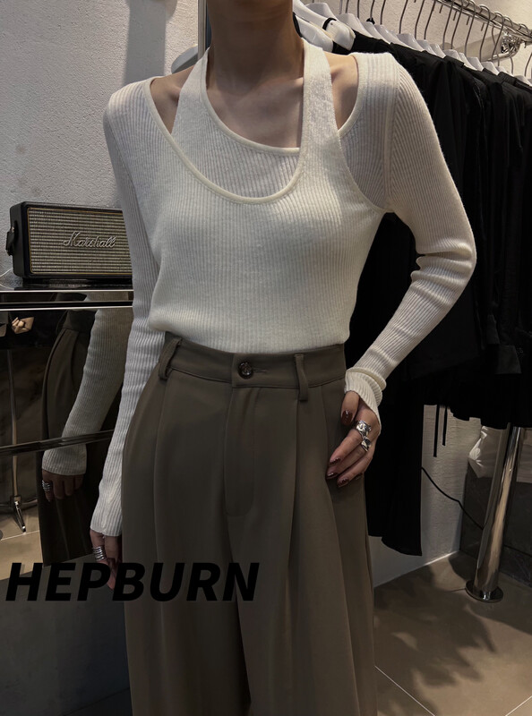 【HEPBURN Hepburn】Design fake two-piece knitted sweater (slim fit and thin) YS1-Y26# FHX