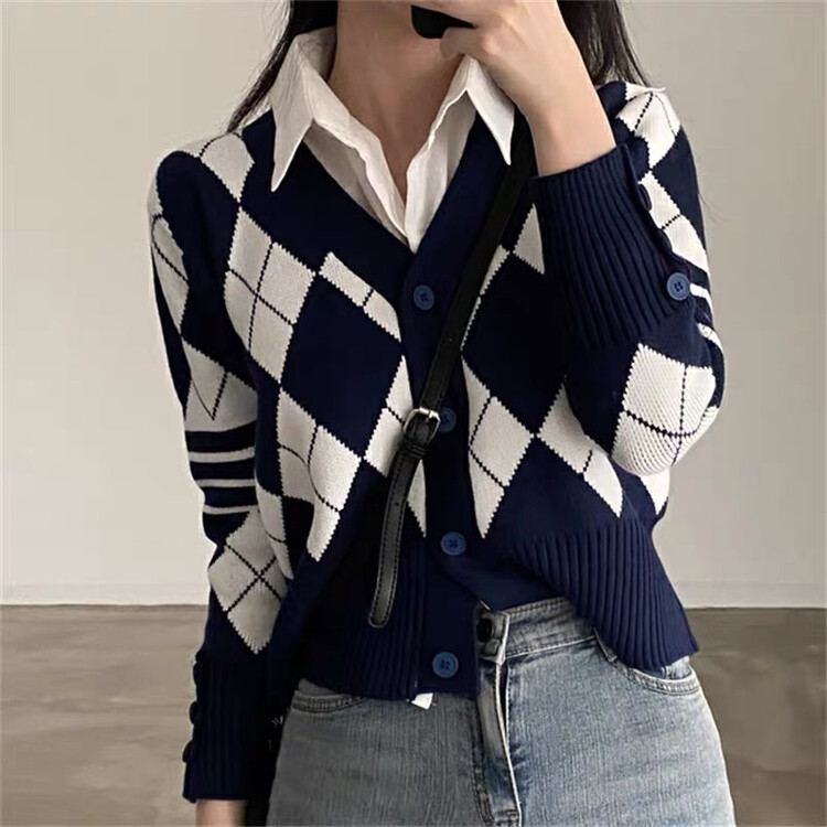 【F·P】Japanese short college style diamond plaid knitted cardigan M5205# HBX