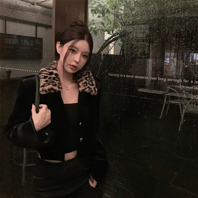 【LINNA】Leopard Print Lapel Design Breasted Short Jacket (Without Brooch) 124829# JJ