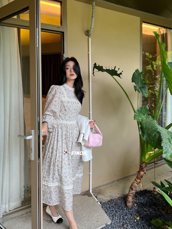 [FINOA] Korean retro floral lace slim dress 1290