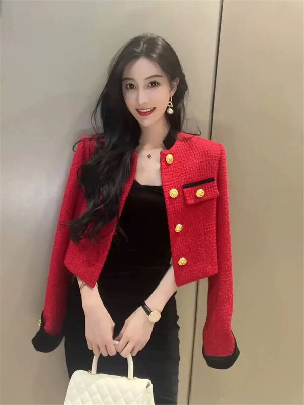 【LINNA】Small Fragrance Contrast Color Stand Collar Casual Short Jacket 124827# JJ
