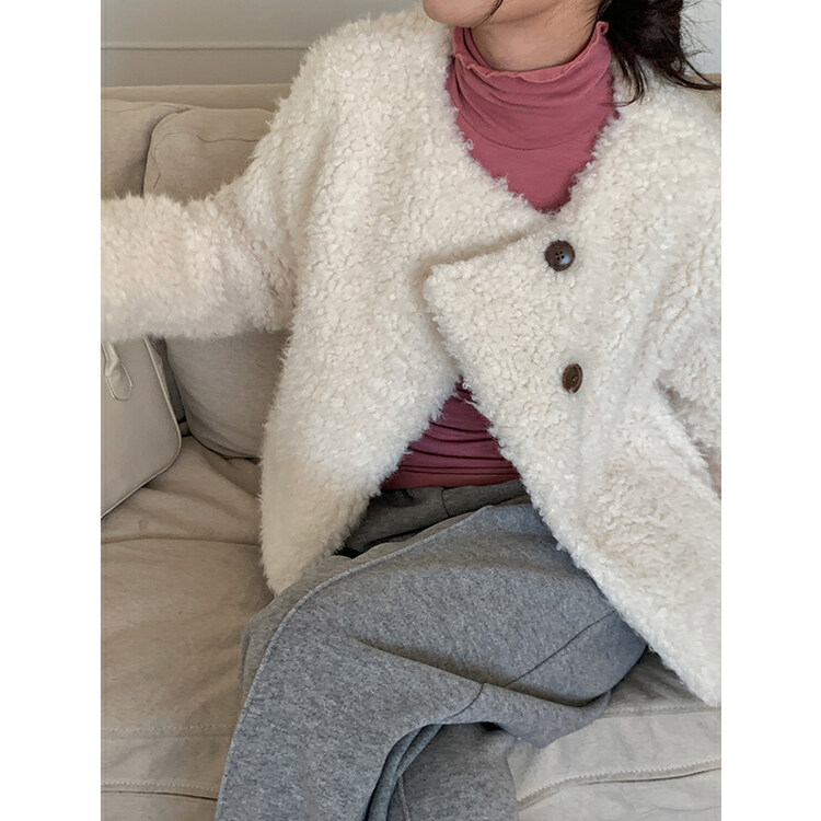 【THE MIND】Korean version winter round neck slanted placket single-breasted warm and fashionable all-match short fur coat 61292# JHY