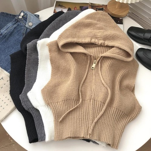 Zipper drawstring hooded sleeveless solid color knitted vest women's  autumn and winter Korean version all-match short outer top