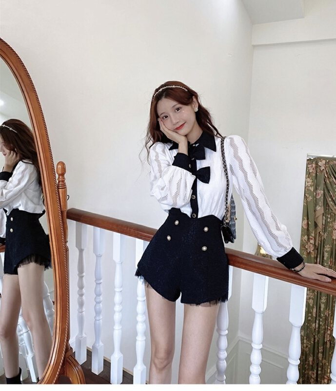 [LINNA] Color-blocked single-breasted shirt + high-waisted slim casual pants suit Y825# JJ