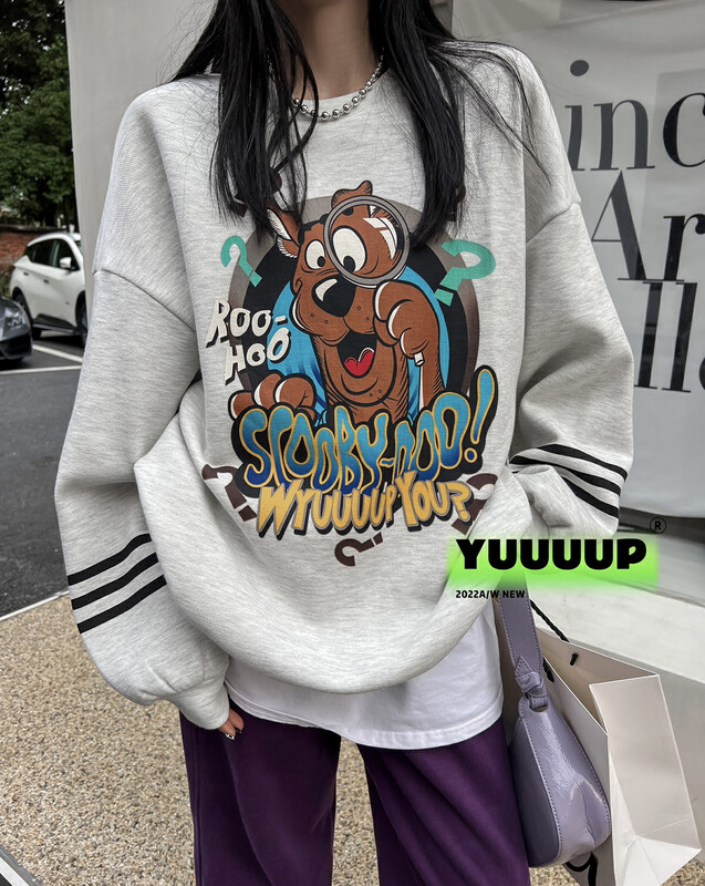 [FISH YU] American retro cartoon dog color pull print Zhudi plus velvet warm loose sweater 622660