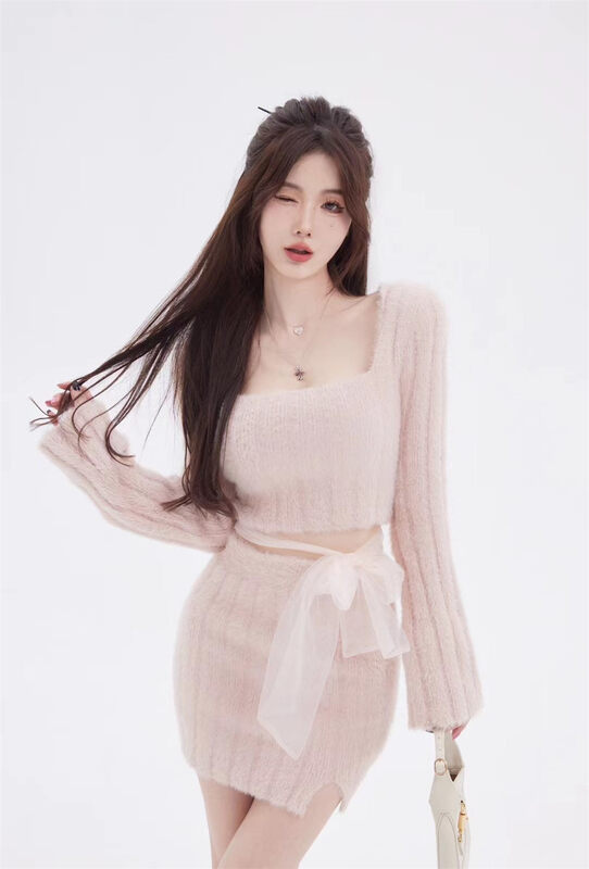 【MS STUDIO】Gentle bandage square neck sweater + high waist hip skirt suit 9447-1# PCZ
