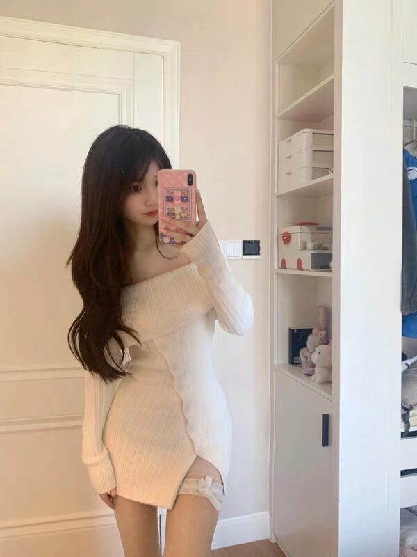 【MS STUDIO】Sexy one-shoulder diagonal-breasted sweater dress 09453# PCZ