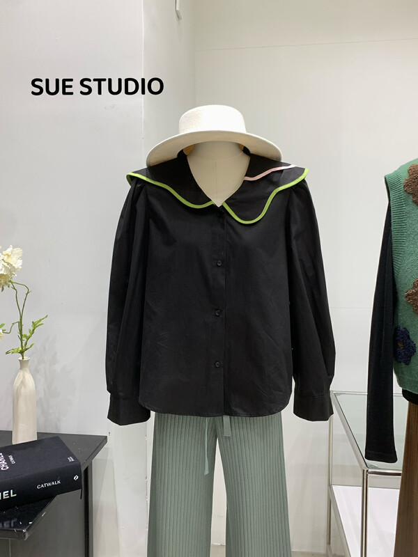 [SUE STUDIO] Korean version irregular color contrast large lapel loose shirt 98075 # ZJY