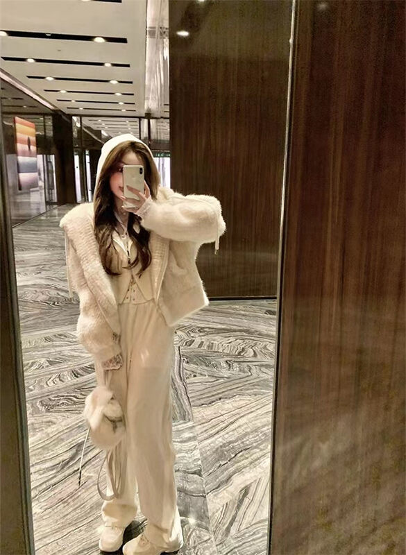 New for Autumn! [MS STUDIO] Velvet Hooded Waist Sweater + High Waist Wide Leg Comfortable Casual Pants Set 9392# PCZ