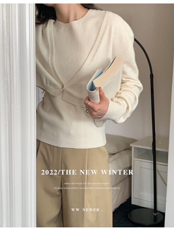 【THE MIND】Wool raccoon fur vest shawl jacket two-piece sweater suit 71399