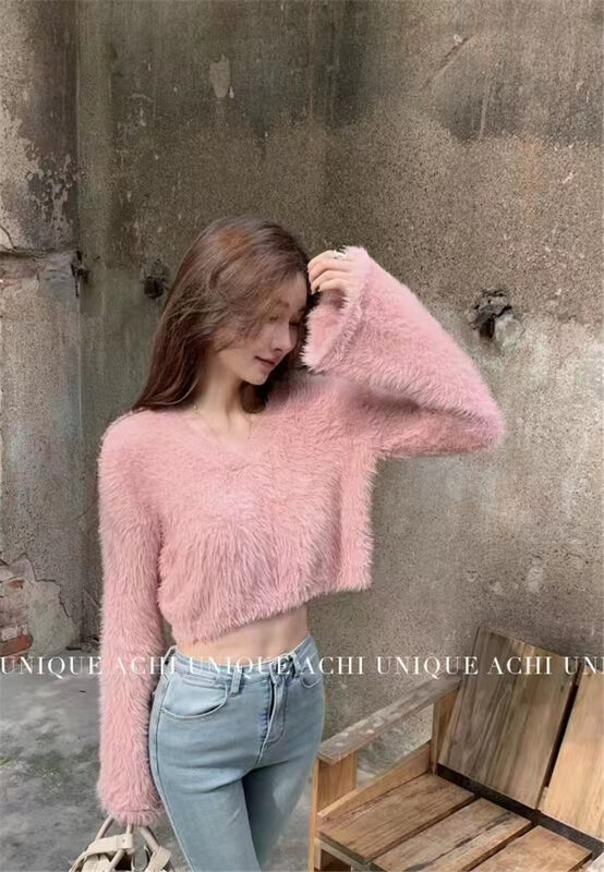 Autumn and winter new style!【MS STUDIO】V-neck solid color short warm sweater 9439# PCZ