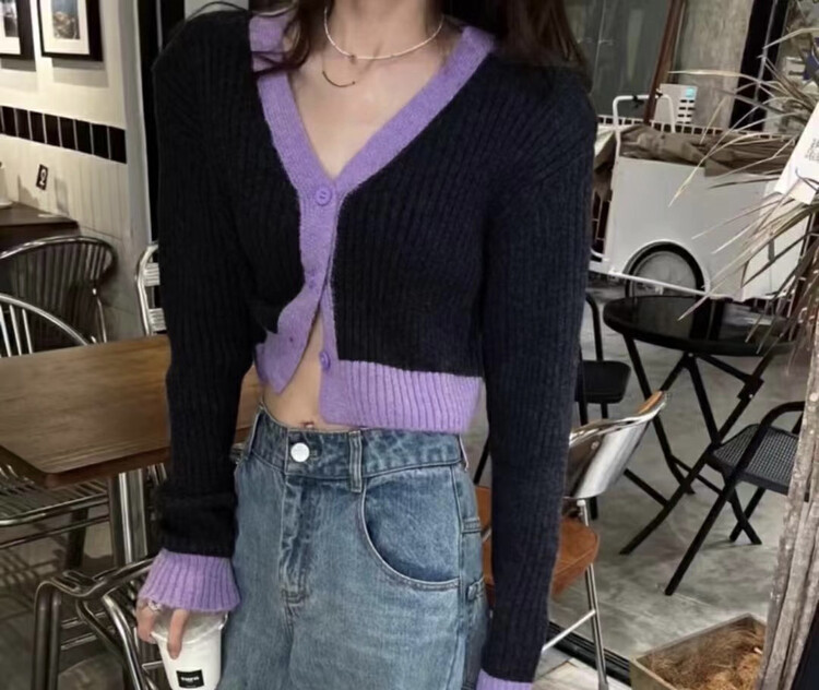 【F·P】V Neck Colorblock Single Breasted Thermal Sweater 73220# HBX