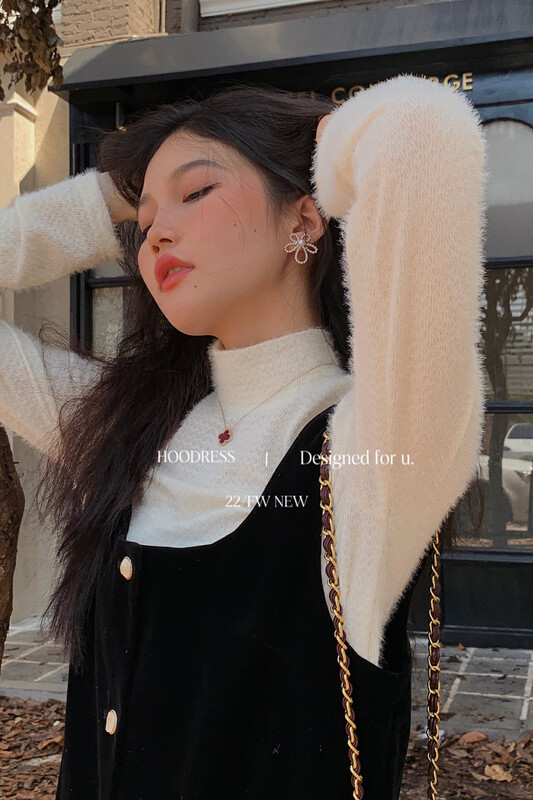 [Fire HOODRESS] Korean texture plush half turtleneck stretch bottoming shirt 22458# JHY
