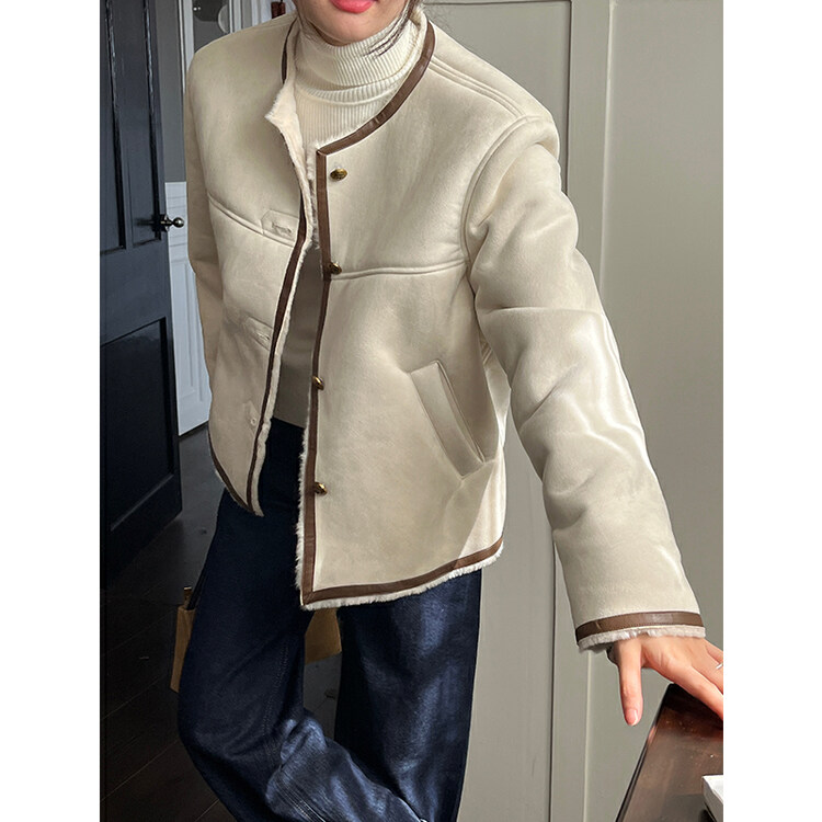 【THE MIND】Korean style winter round neck color matching casual all-match fur short coat 61271# JHY