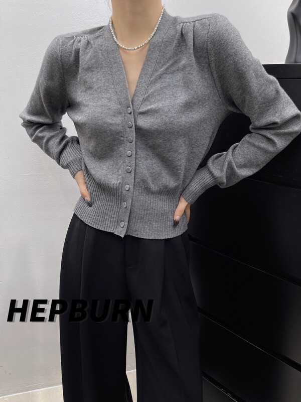 【HEPBURN Hepburn】Single-breasted knitted cardigan high waist slim fit Y-58