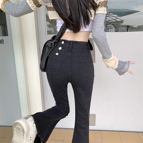 Real shot new high-waisted slim women's flared pants jeans autumn small black straight-leg trousers