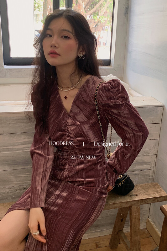 [Fire HOODRESS] Temperament Hepburn style velvet slit waist dress 22519# JHY