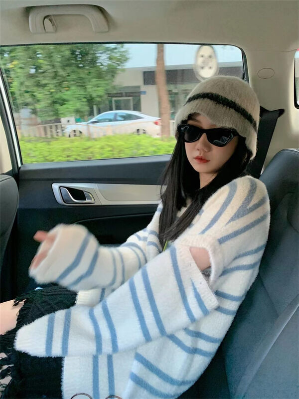 New in winter! [MS STUDIO] V-neck Korean striped pullover warm sweater (with sleeves) 88330# PCZ