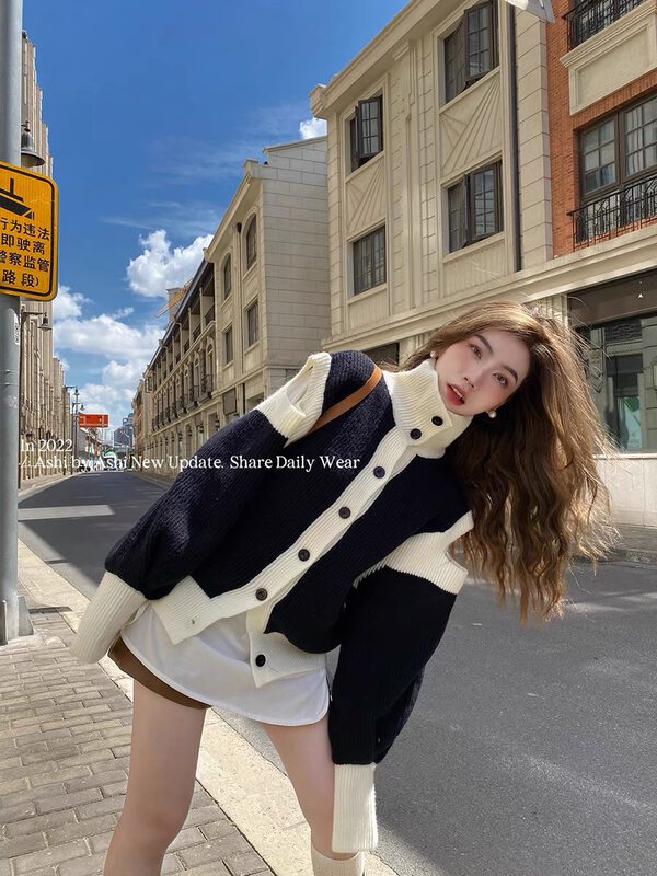 【MS STUDIO】Designed contrasting high-neck off-shoulder warm sweater YS1-0418# PCZ