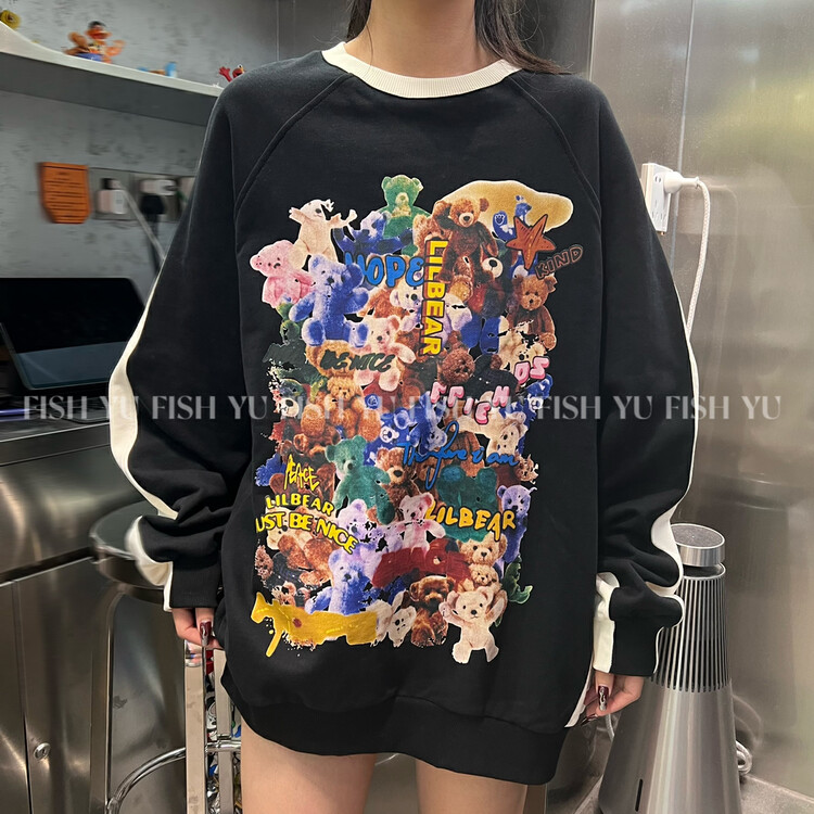 【FISH YU】Cartoon bear print contrast color stitching terry sweater 22621