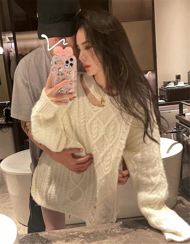 【MS STUDIO】Casual Hollow Off Shoulder Large Thermal Sweater 9481# PCZ