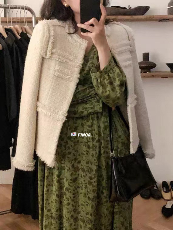 [FINOA] Korean style temperament bright silk small fragrance fragrant round neck short coat 1348