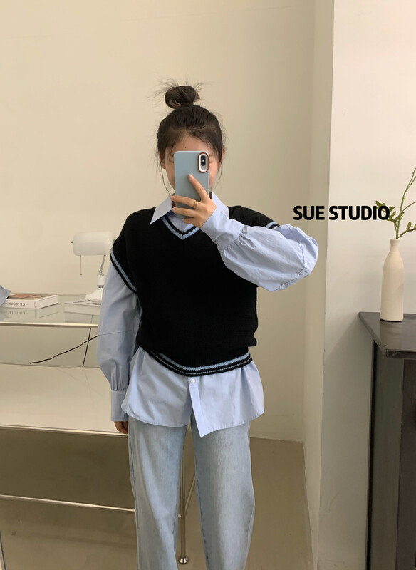 New in autumn! [SUE STUDIO] Contrast color V-neck knitted vest A8702# ZJY