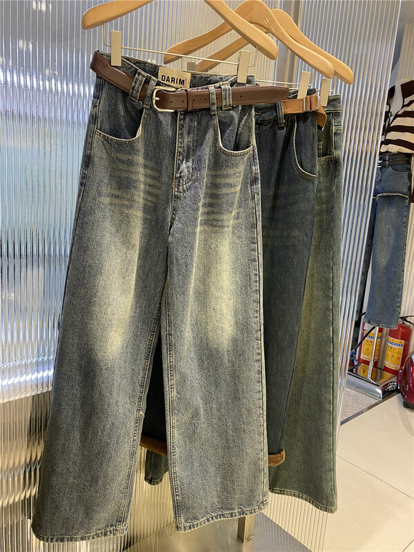 【JEANS】Embroidered fleece wide-leg jeans (with belt) R527# LSW